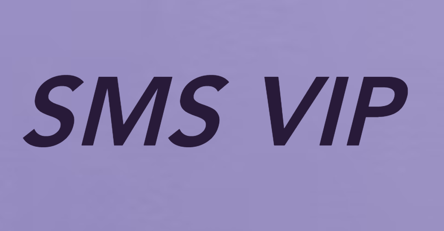 Text displaying "SMS VIP" on a purple background.