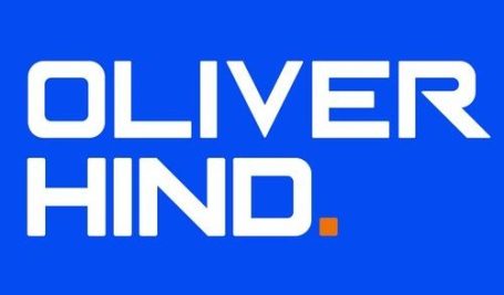 Text design featuring "OLIVER HIND." in bold white on a blue background.